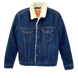 Levi’s Sherpa Trucker Jacket Snap Front Dark Wash Denim Lined Size Small